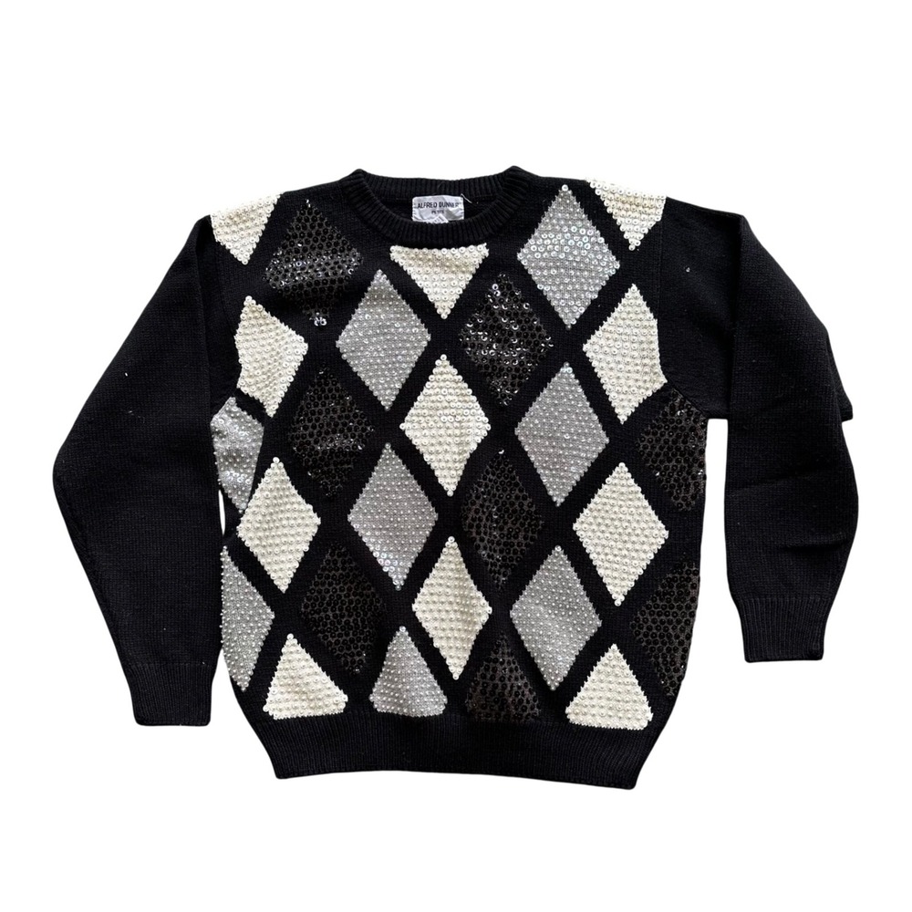 Alfred Dunner‎ Vintage Argyle Sequin Pearl Sweater Black Petite Large PL 1980s